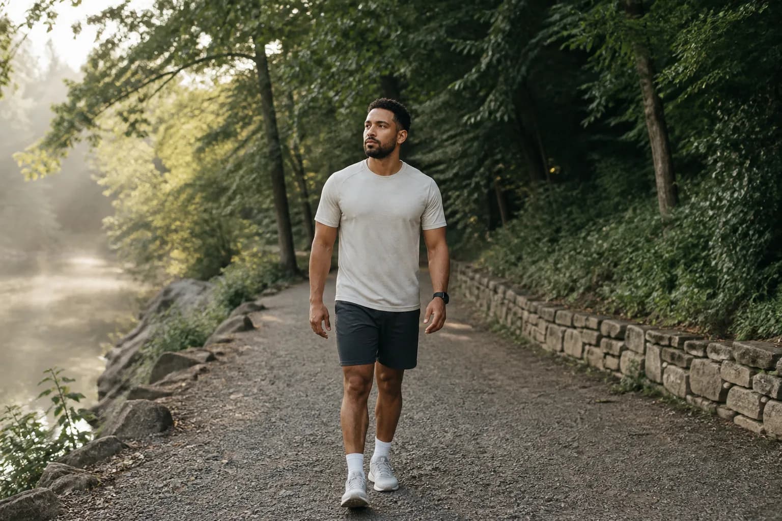 An athlete taking a relaxed outdoor walk on a recovery day