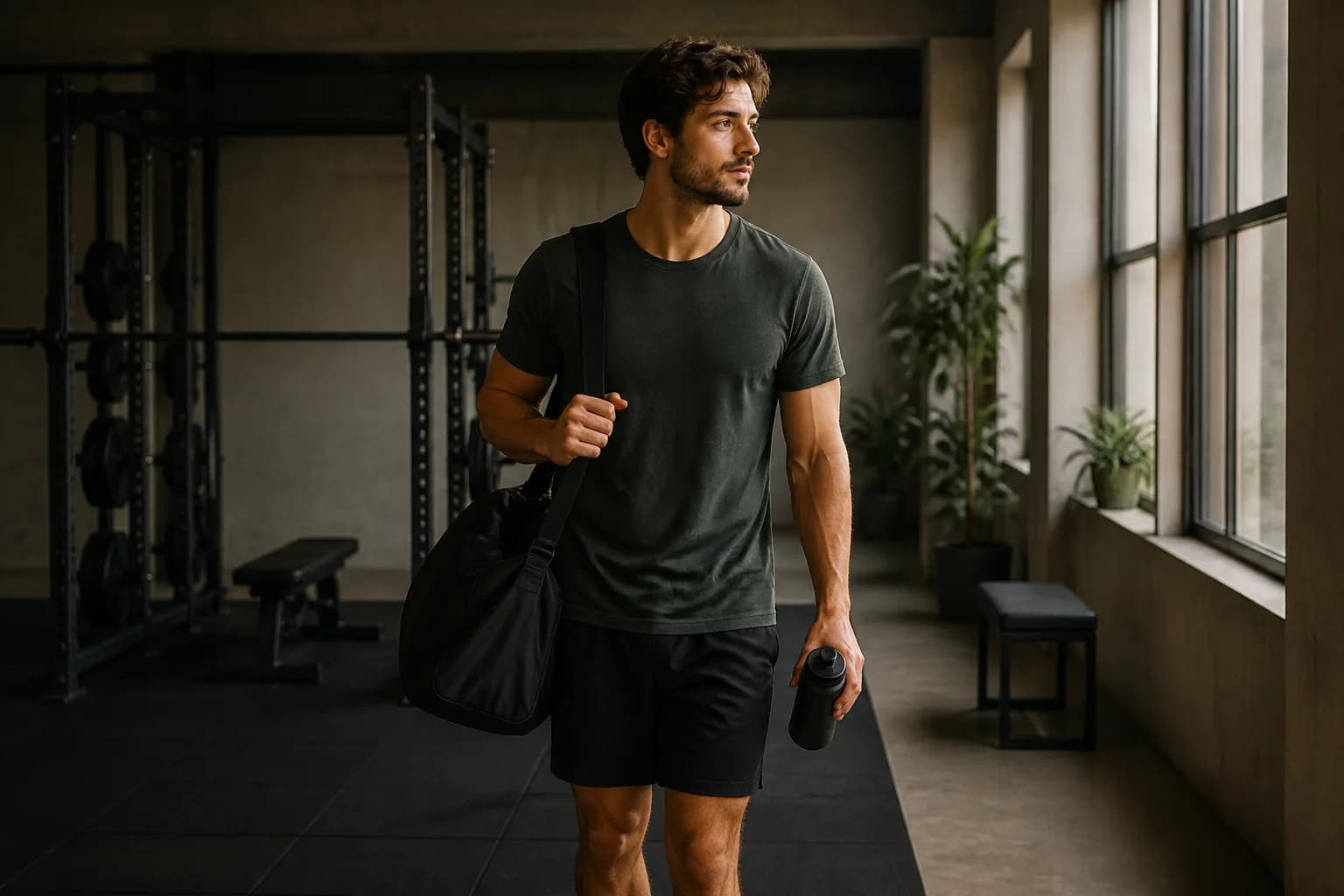 An athlete leaving a quiet gym after a completed training session