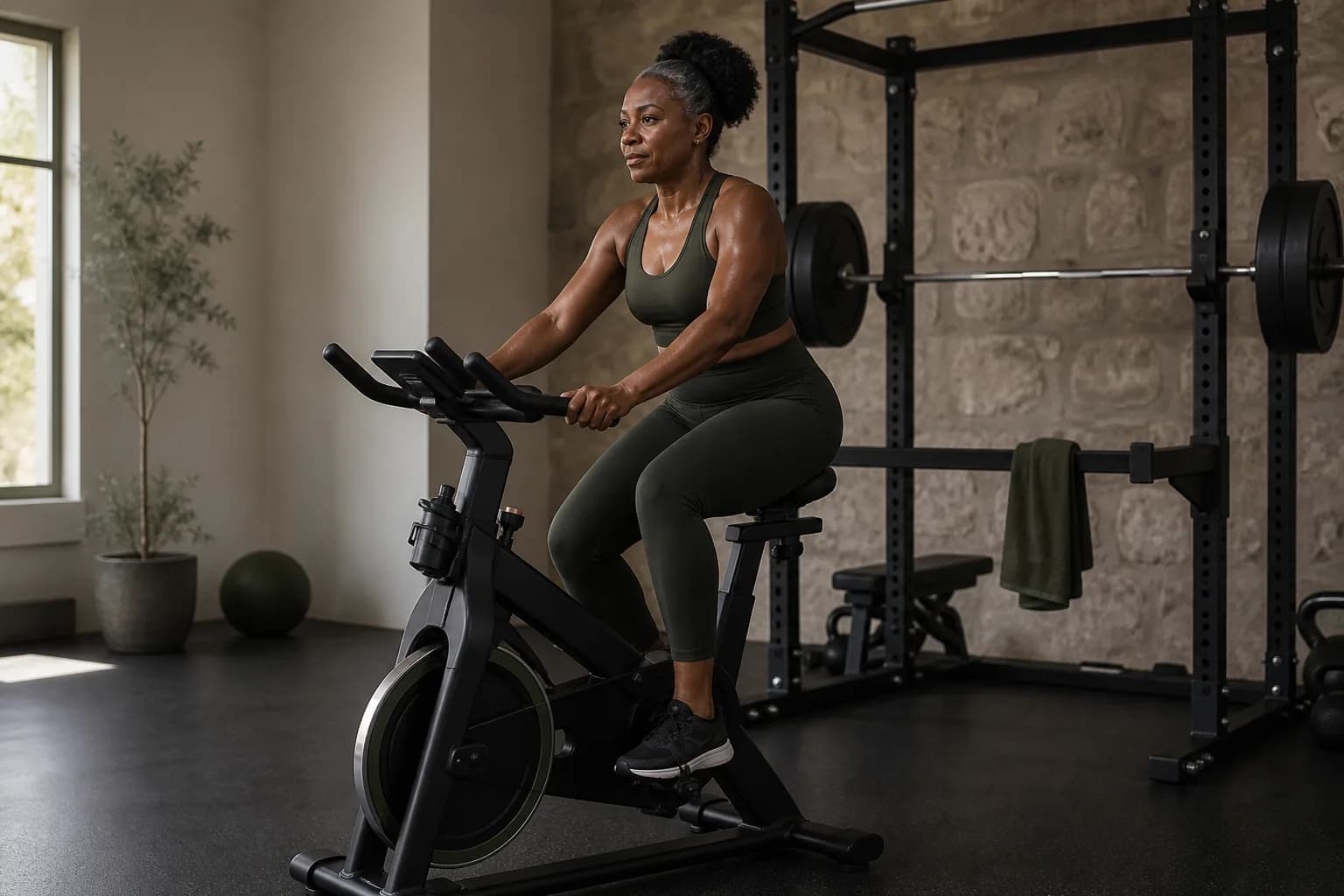 An athlete riding a stationary bike after a strength session