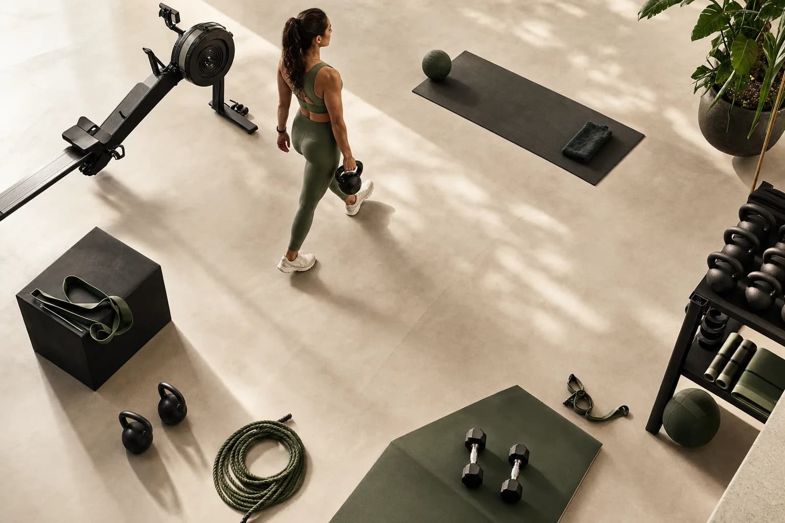 An overhead view of an athlete moving through an organized training circuit