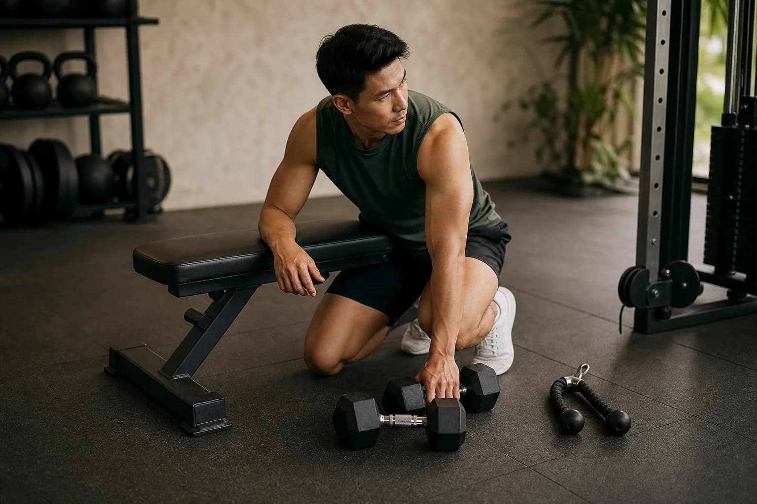 An athlete choosing a focused set of stations in a quiet training studio