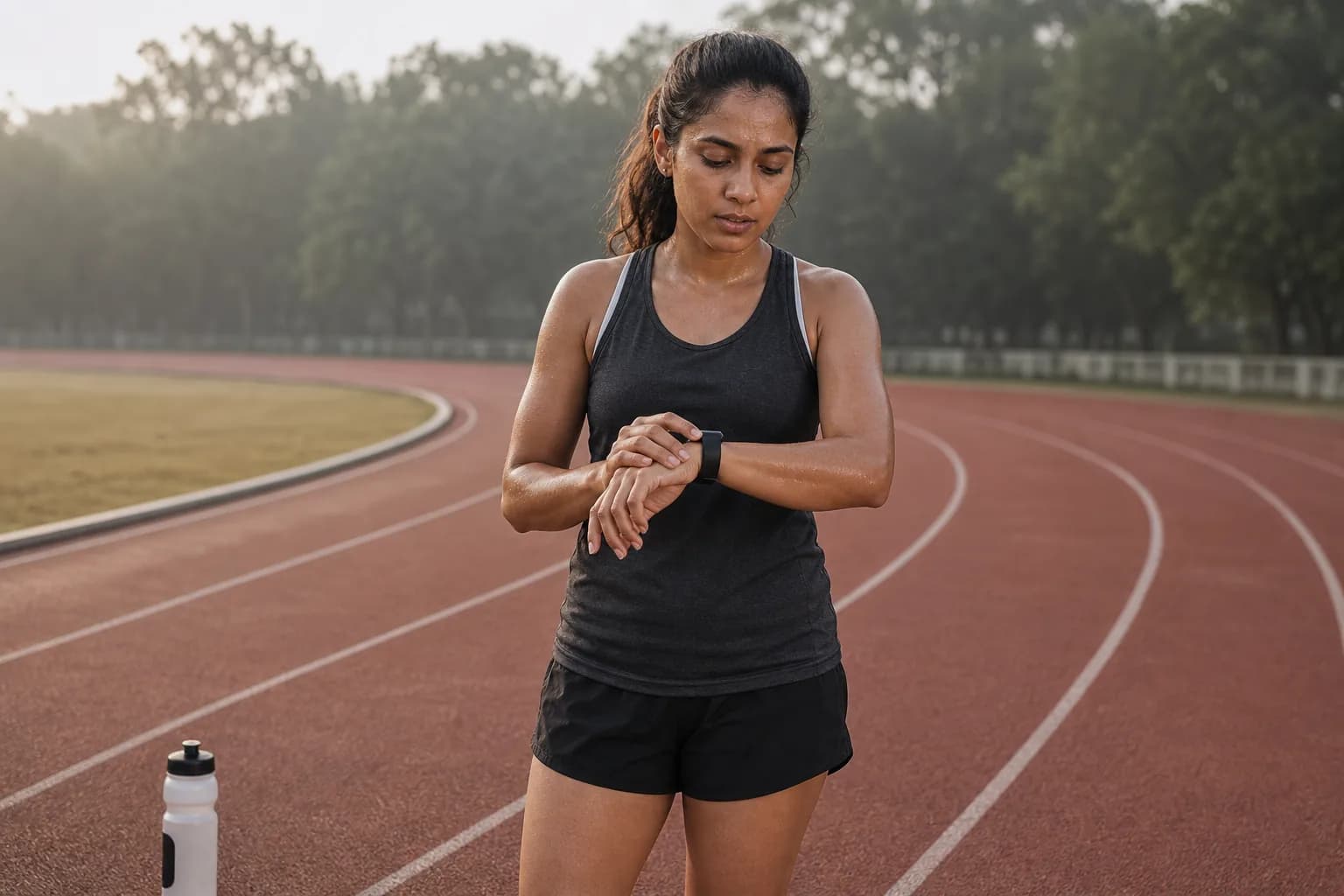 A runner checking a watch between controlled intervals on a track