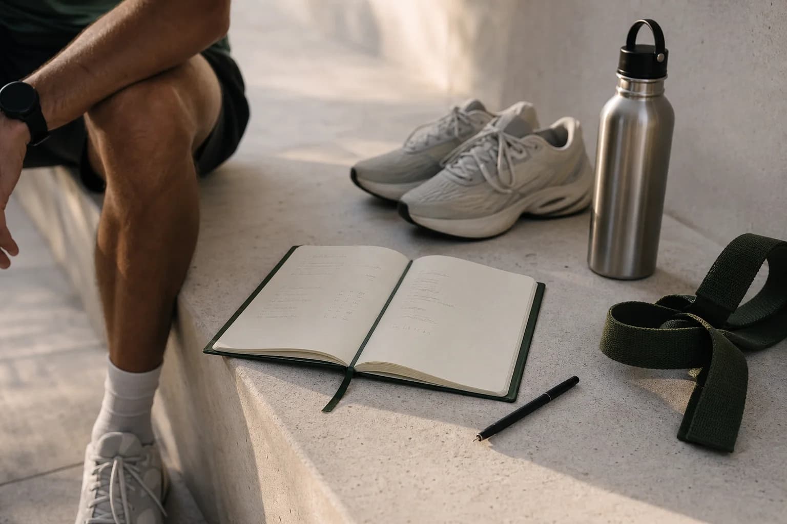 An athlete reviewing a workout log after training