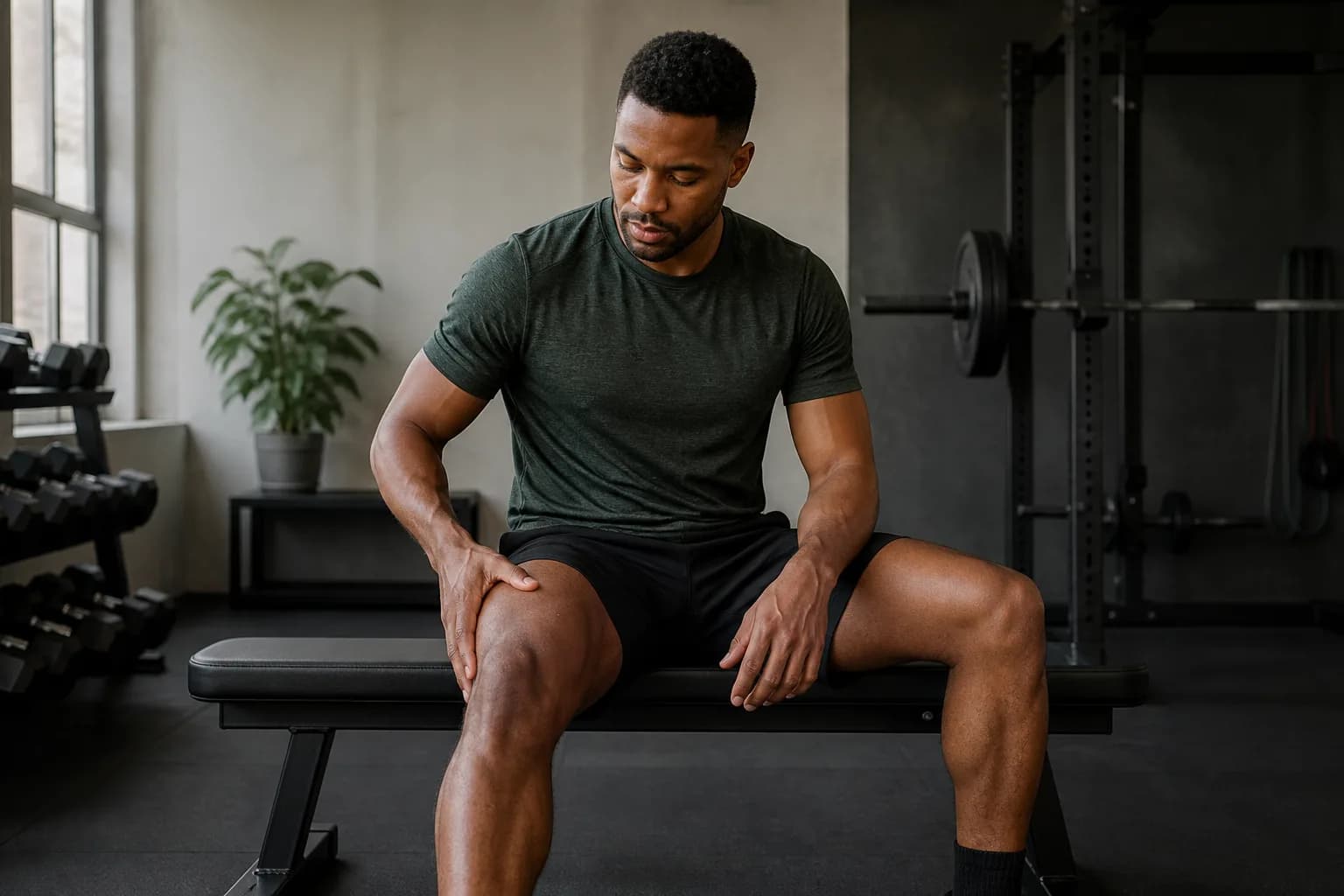 An athlete calmly assessing thigh soreness after a workout