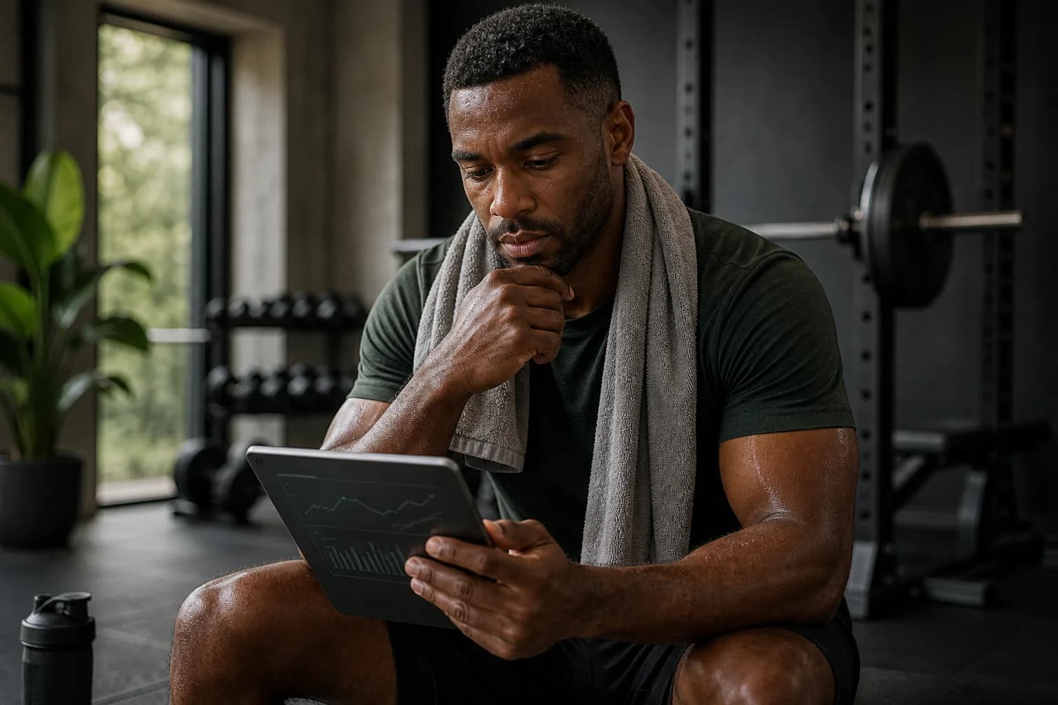 An athlete reviewing simple training trends on a tablet after a workout