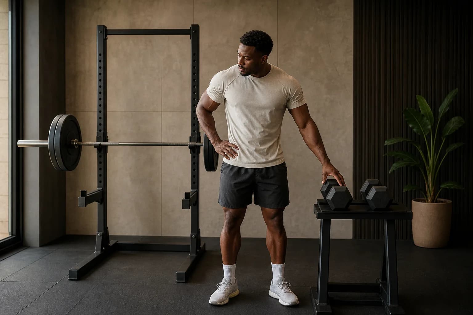 An athlete choosing between a loaded barbell and lighter dumbbells
