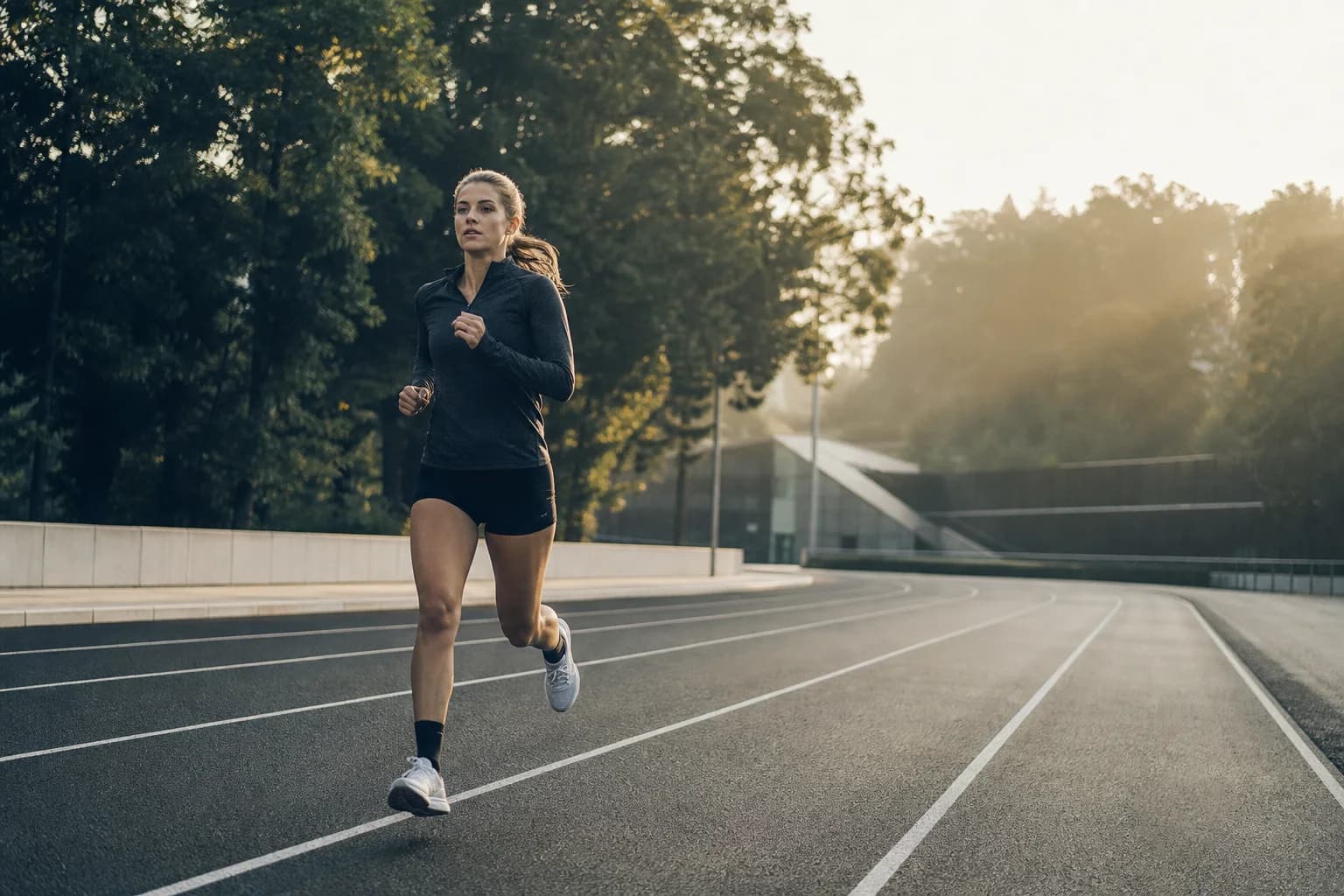 A runner moving with controlled effort on a quiet track at sunrise
