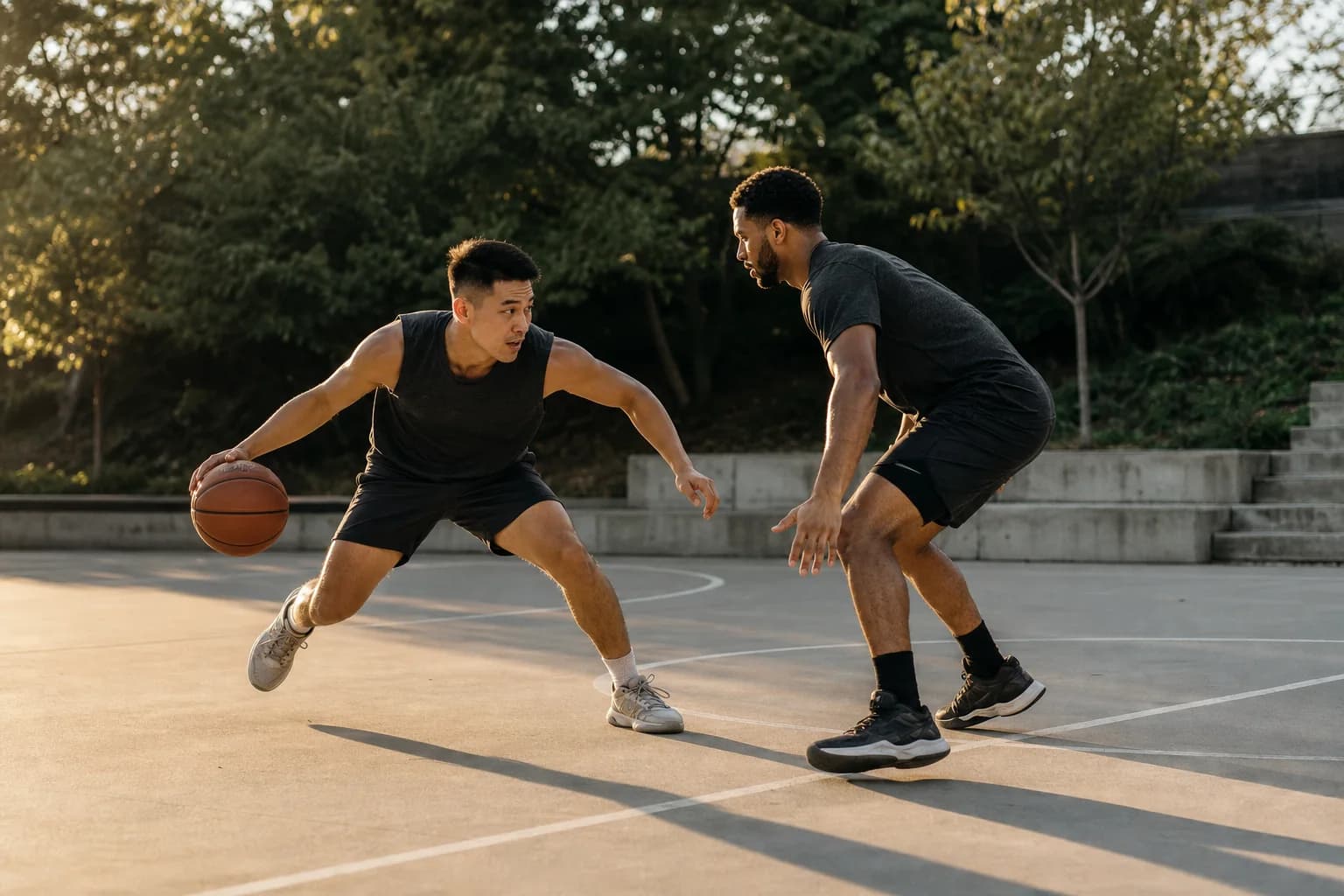 Two athletes moving through a focused basketball session outdoors