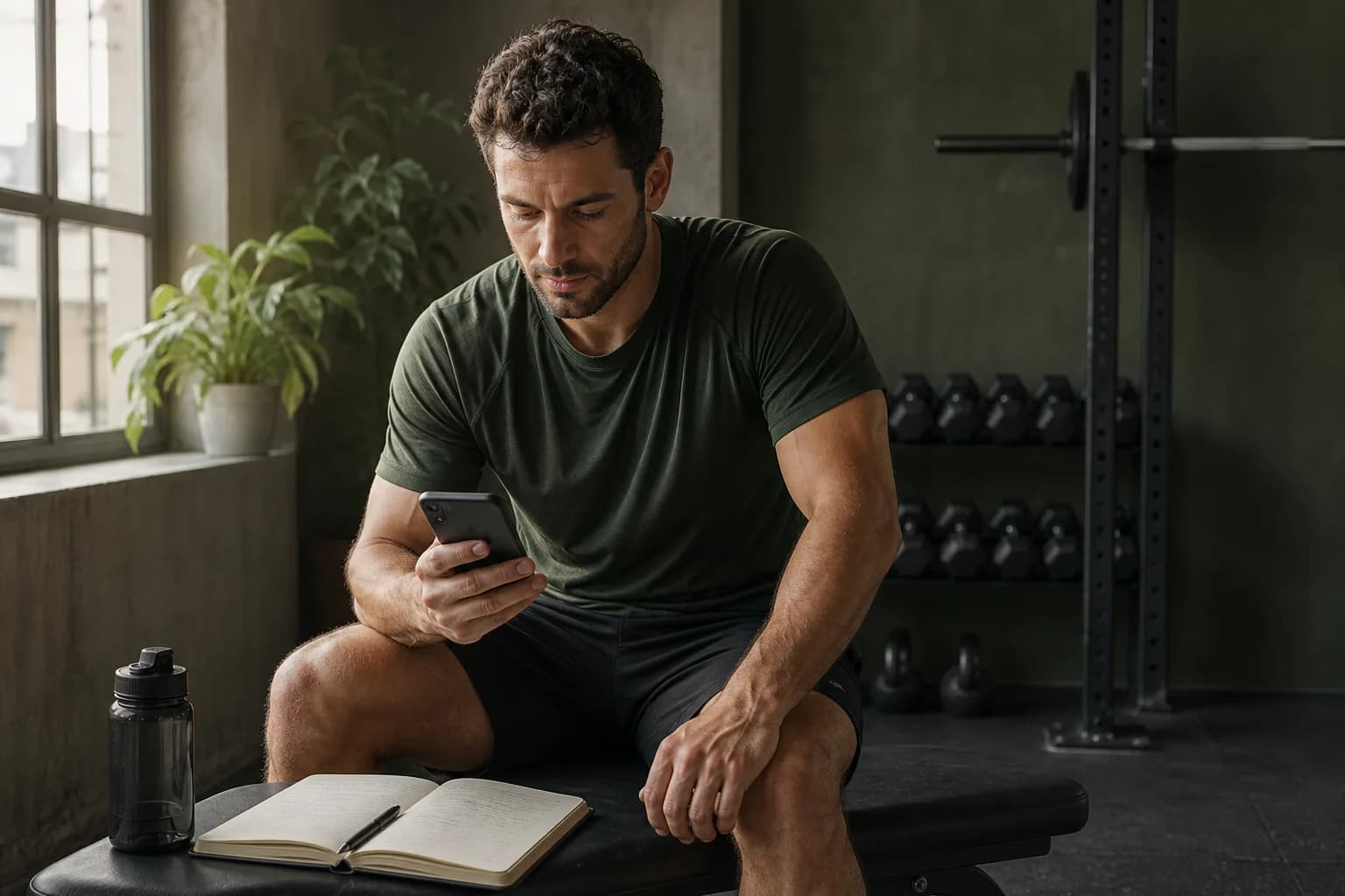 An athlete using a phone beside a workout journal after training