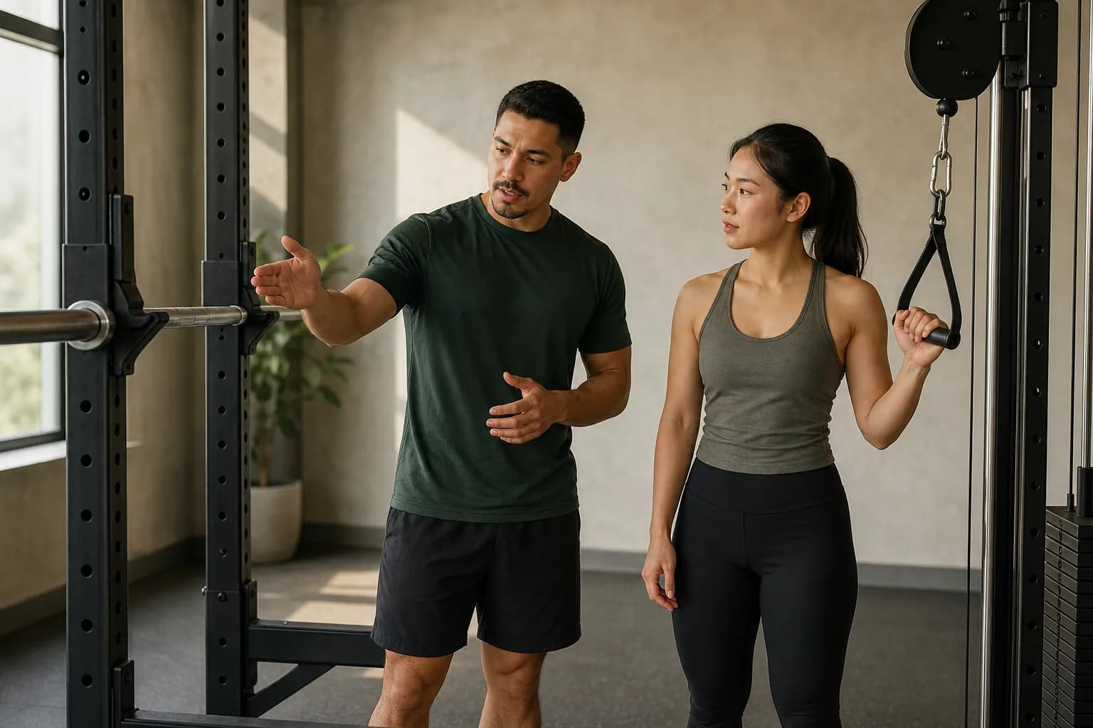 A coach and athlete comparing a barbell station with a cable exercise