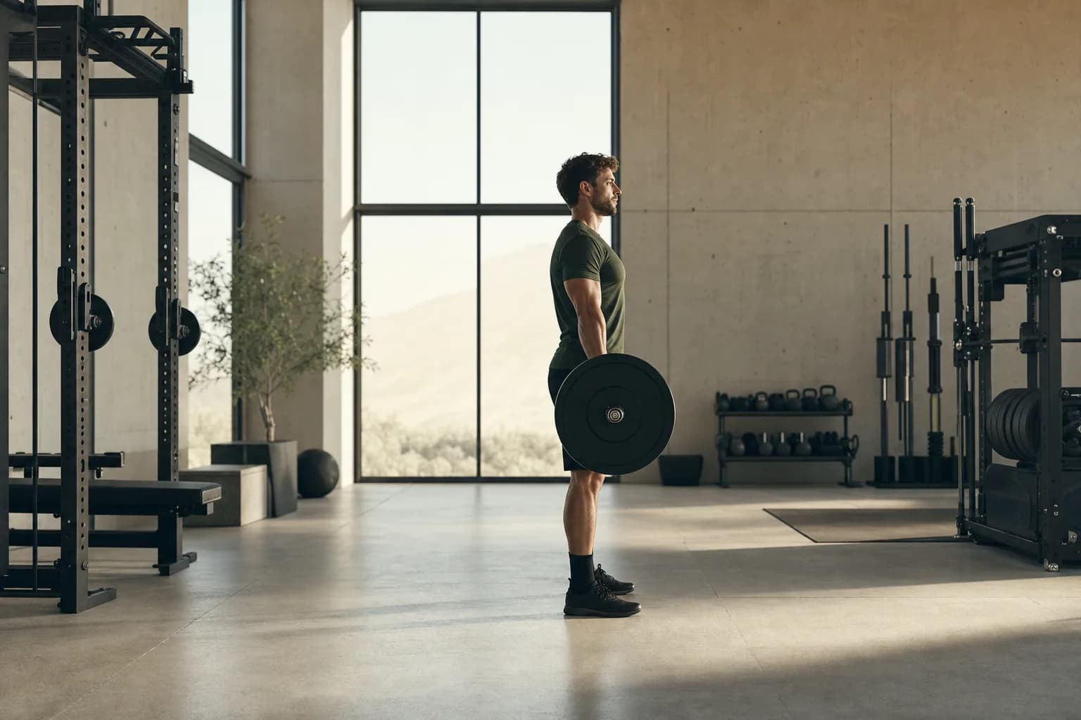 An athlete practicing a light barbell movement in a quiet gym