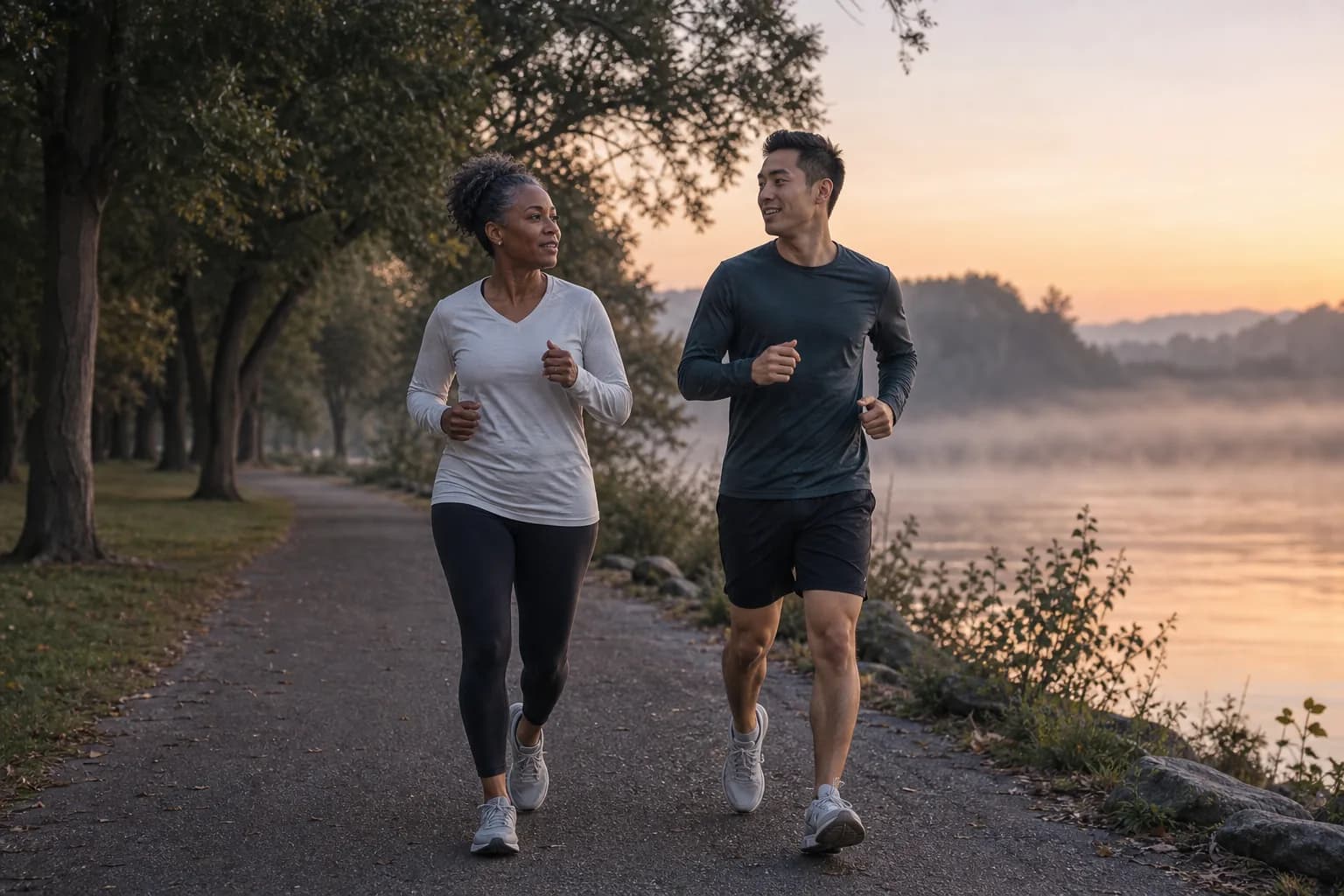 Two runners talking comfortably during a gentle dawn run