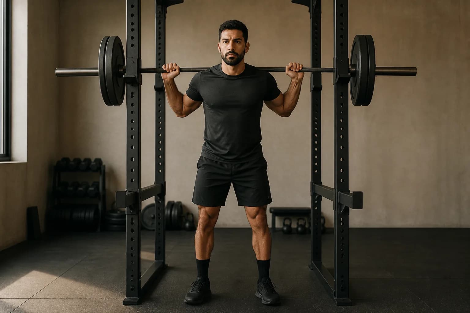 An athlete beginning a priority compound lift in an organized gym