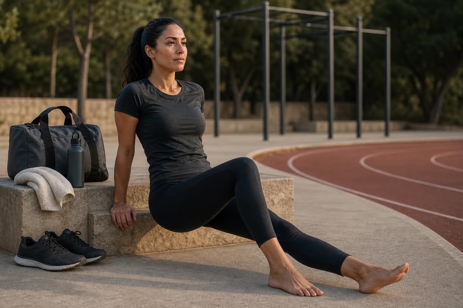 An athlete cooling down calmly beside a track after a training session