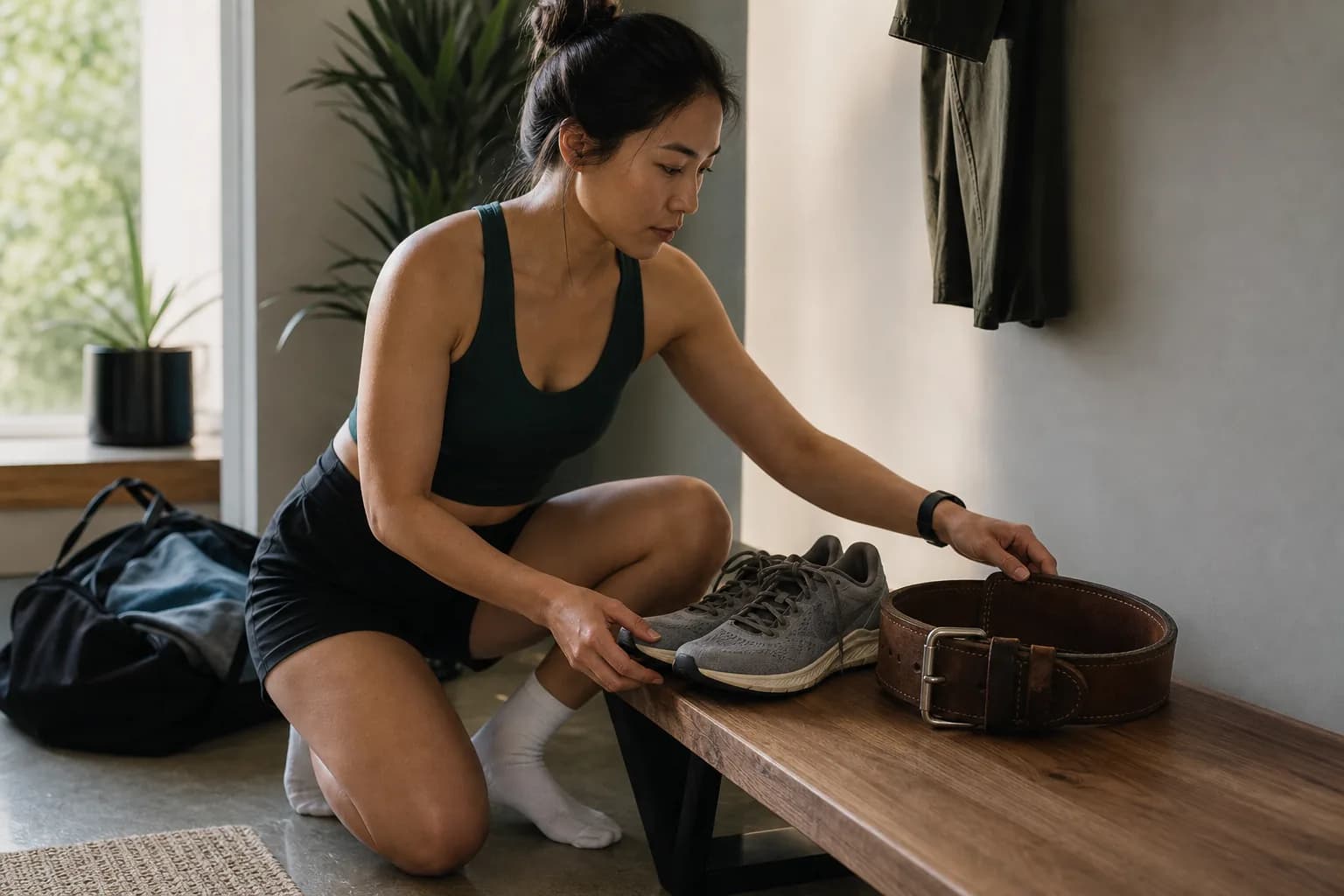 An athlete organizing running shoes and a lifting belt for the training week