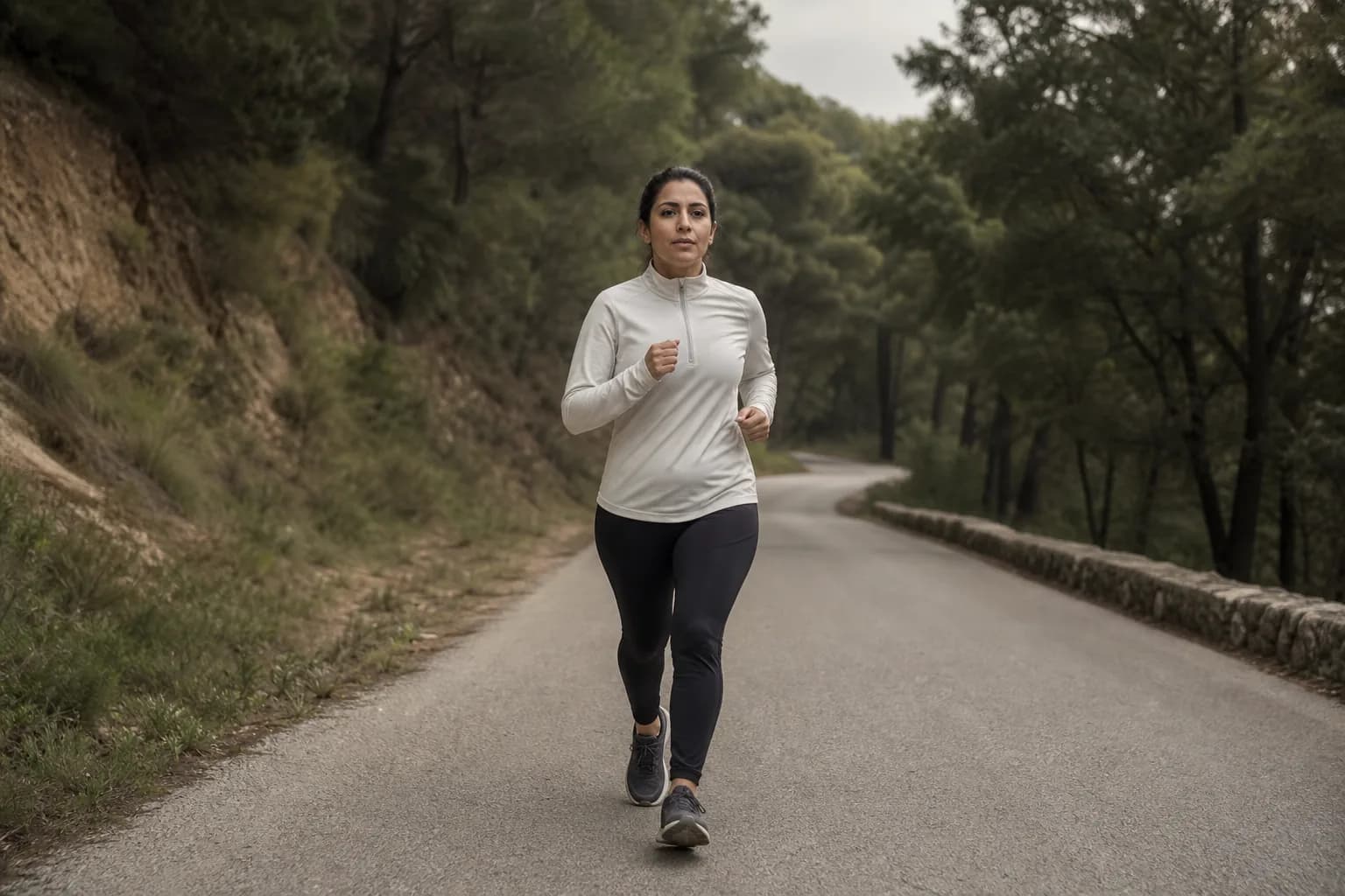 A solo runner moving steadily along a quiet open road