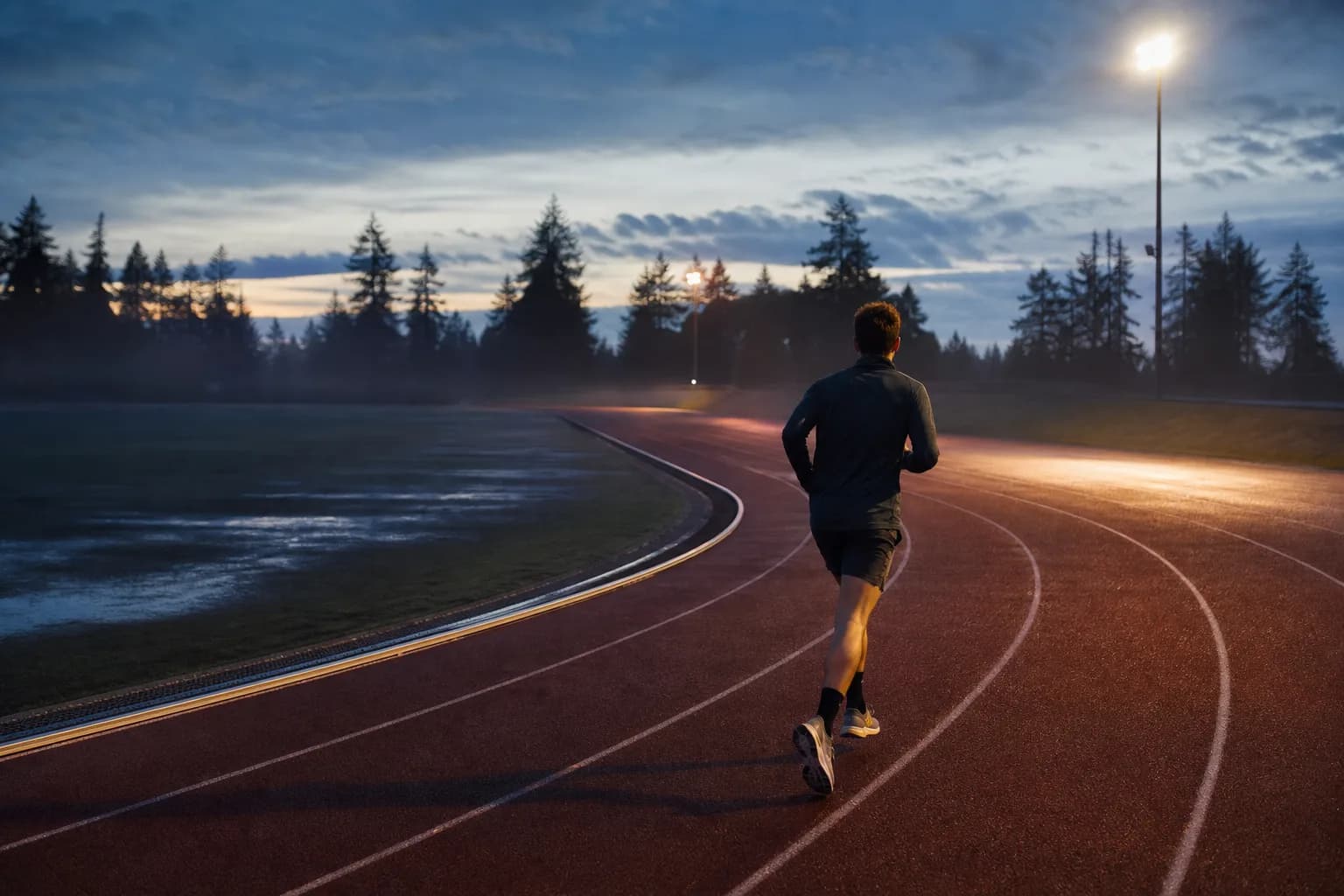 A distance runner rounding a track bend at blue-hour dawn