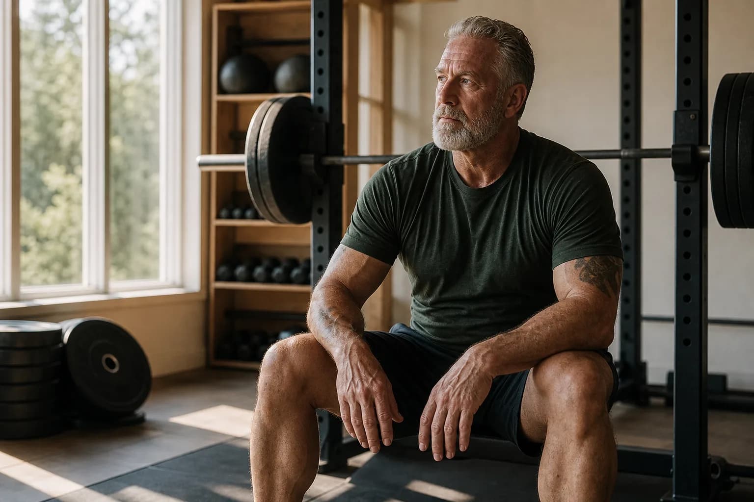 An experienced athlete recovering calmly between squat sets