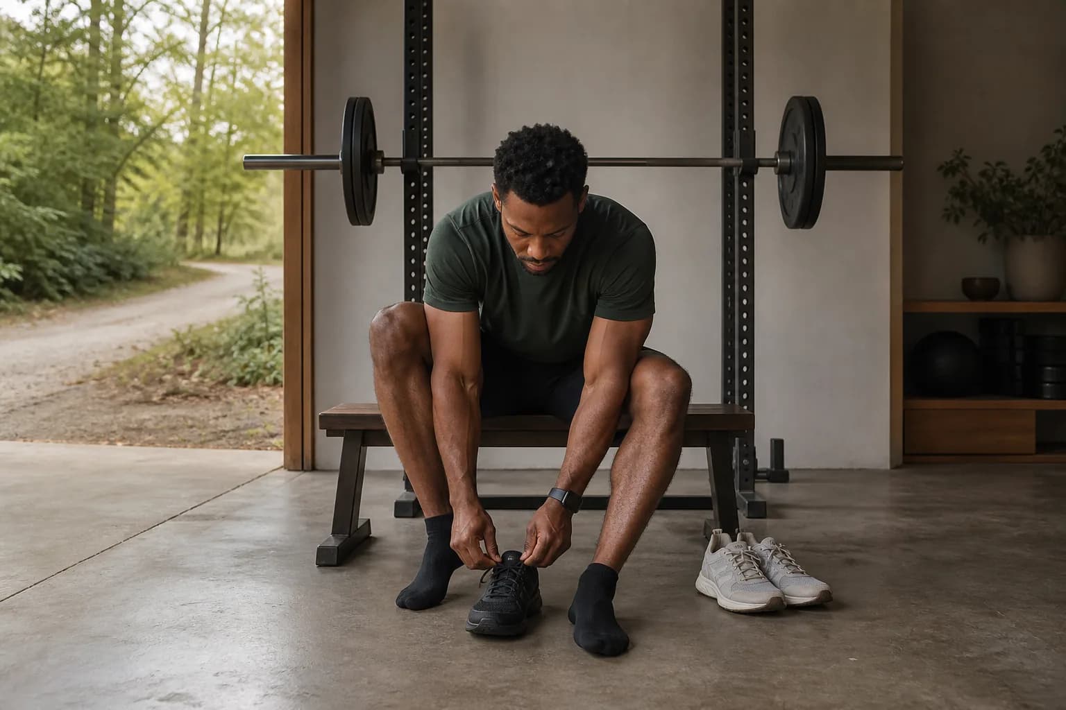 Running shoes beside a prepared squat rack for a combined training day