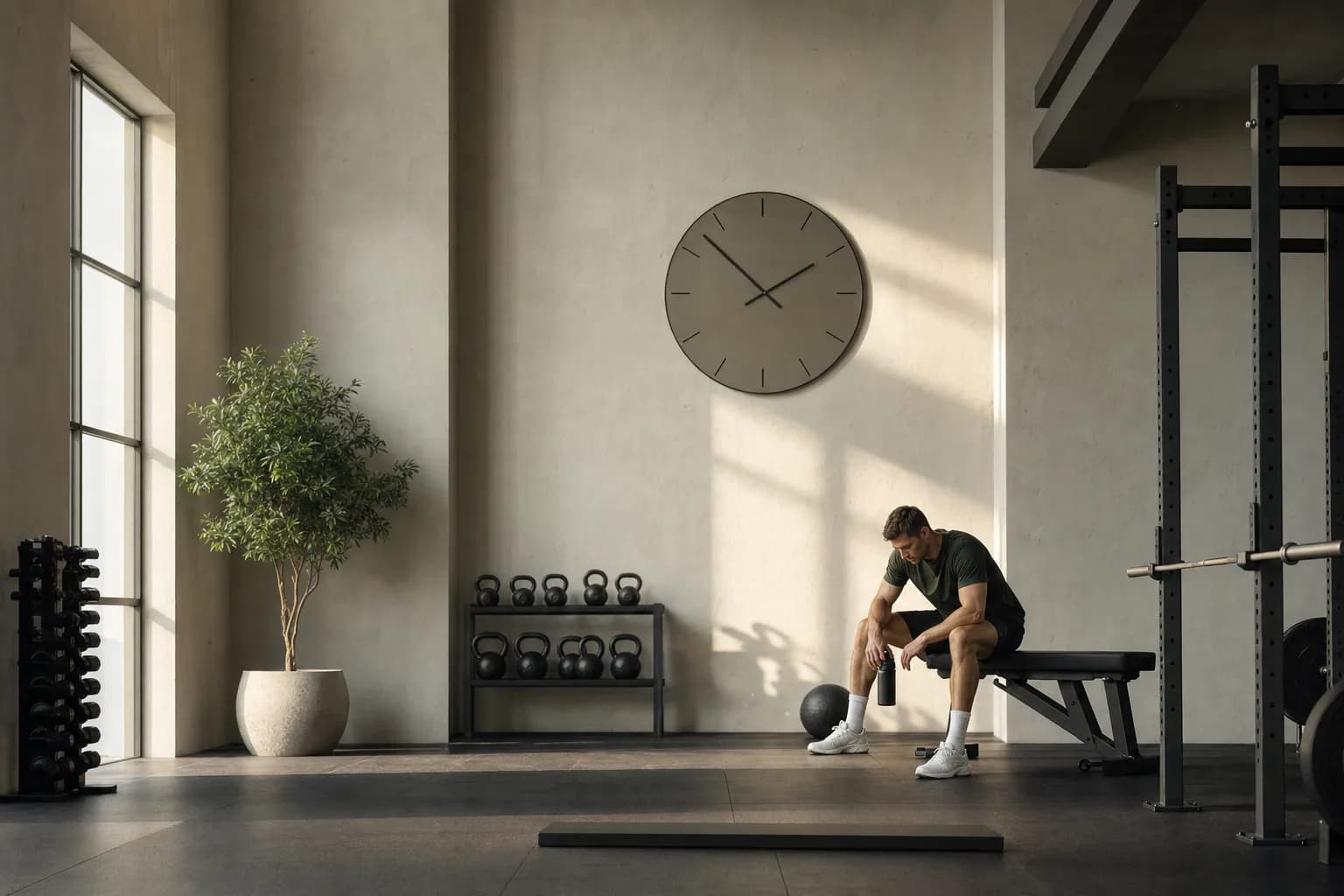 An athlete finishing a focused session beneath a minimal gym clock