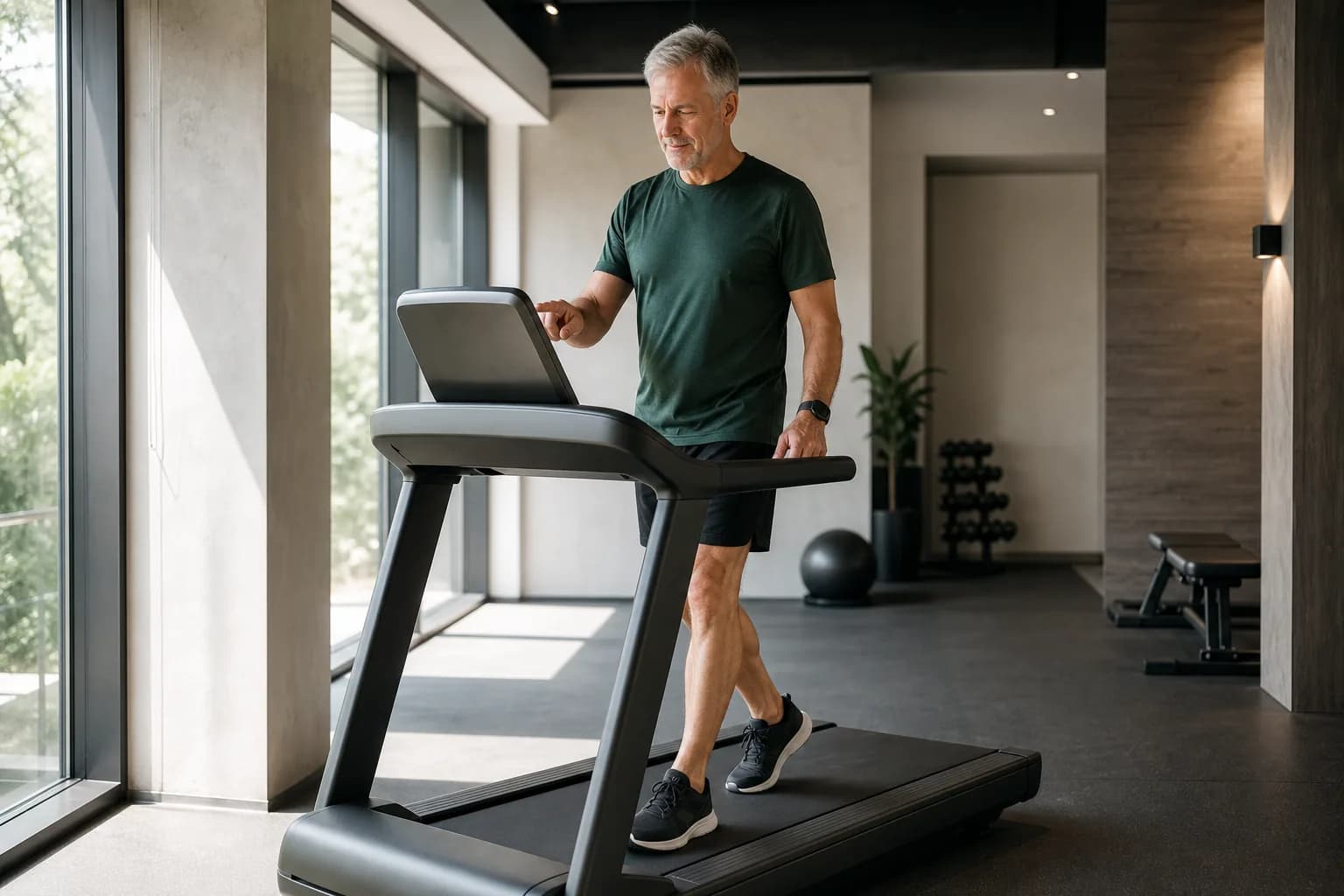 A runner checking a treadmill display during a controlled indoor workout