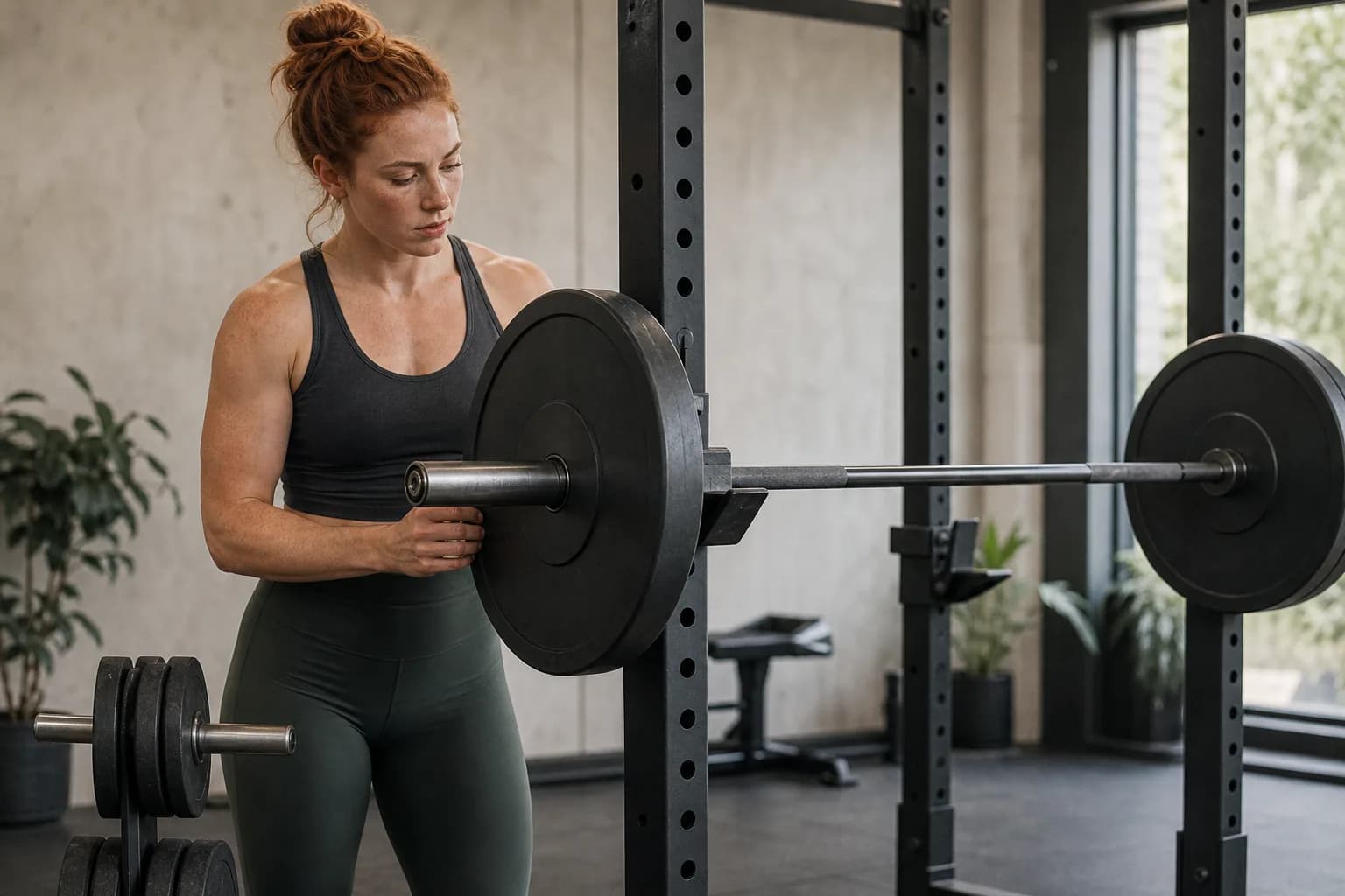 An athlete moving from light warm-up plates to a working barbell load