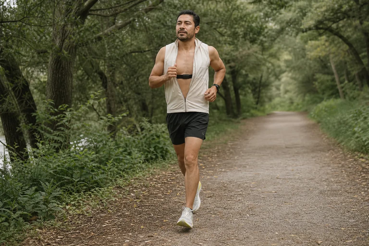 A relaxed runner checking effort on a green path in soft morning light